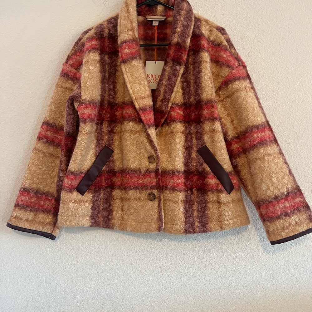 Knox Rose Plaid Shawl-Collar Jacket in Tan, Red & Brown